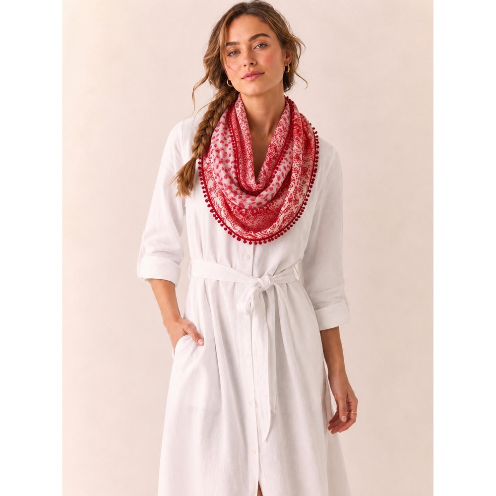 Studio S Red White Paisley Pom Pom Infinity Scarf Boho Resort Garden Party‎ OS